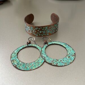 Stamped turquoise/copper earrings and bracelet